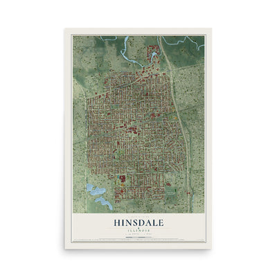 Map of Hinsdale, Illinois, 12 x 18 inch unframed archival matte print