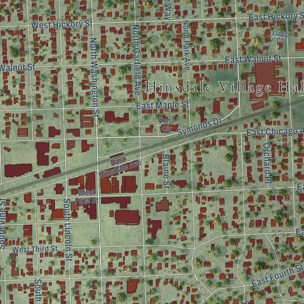 Second close-up of the map of Hinsdale, Illinois print showing more streets and buildings