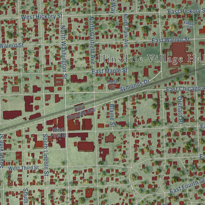 Second close-up of the map of Hinsdale, Illinois print showing more streets and buildings