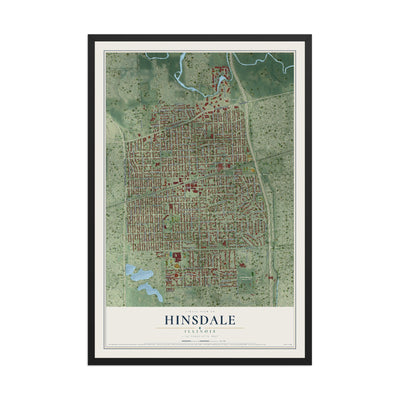 Map of Hinsdale, Illinois, 12 x 18 inch print in a black wood frame
