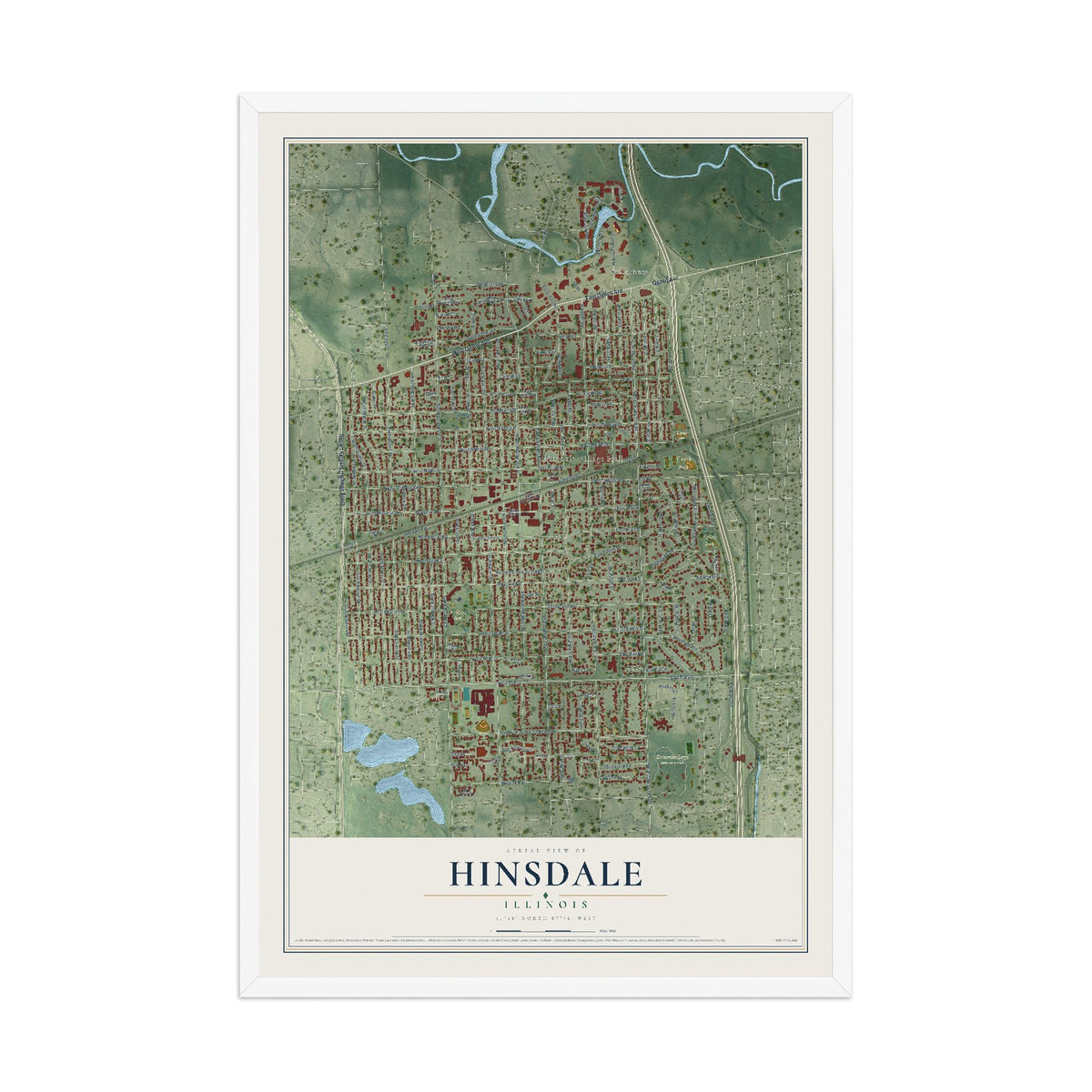 Map of Hinsdale, Illinois, 12 x 18 inch print in a white wood frame