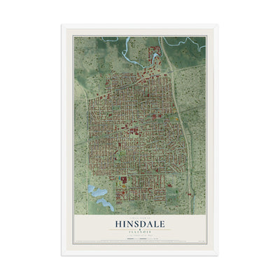 Map of Hinsdale, Illinois, 12 x 18 inch print in a white wood frame
