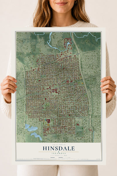 Map of Hinsdale, Illinois, 18 x 24 inch unframed archival matte print