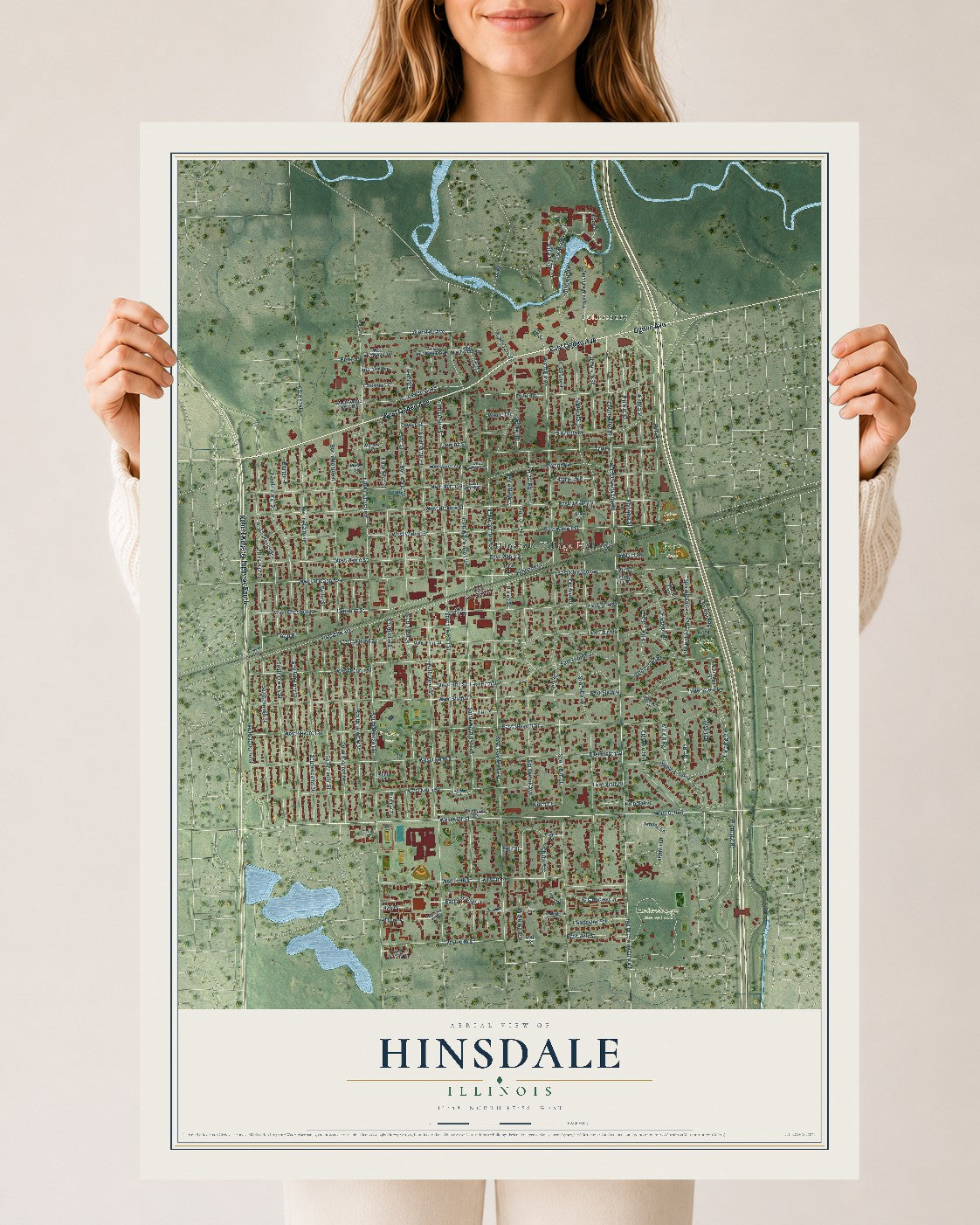 Map of Hinsdale, Illinois, 24 x 36 inch unframed archival matte print