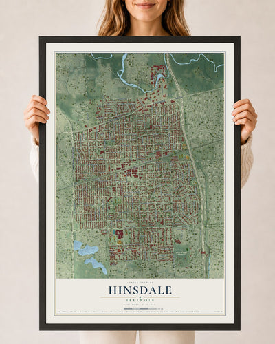Map of Hinsdale, Illinois, 24 x 36 inch print in a black wood frame