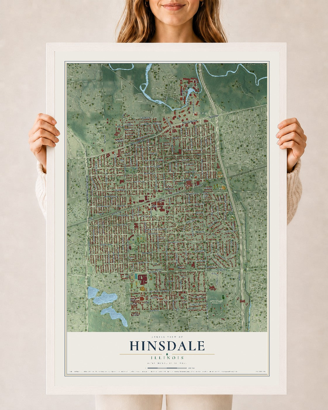 Map of Hinsdale, Illinois, 24 x 36 inch print in a white wood frame