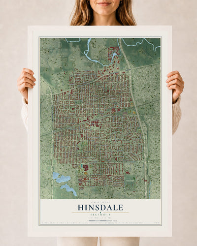 Map of Hinsdale, Illinois, 24 x 36 inch print in a white wood frame