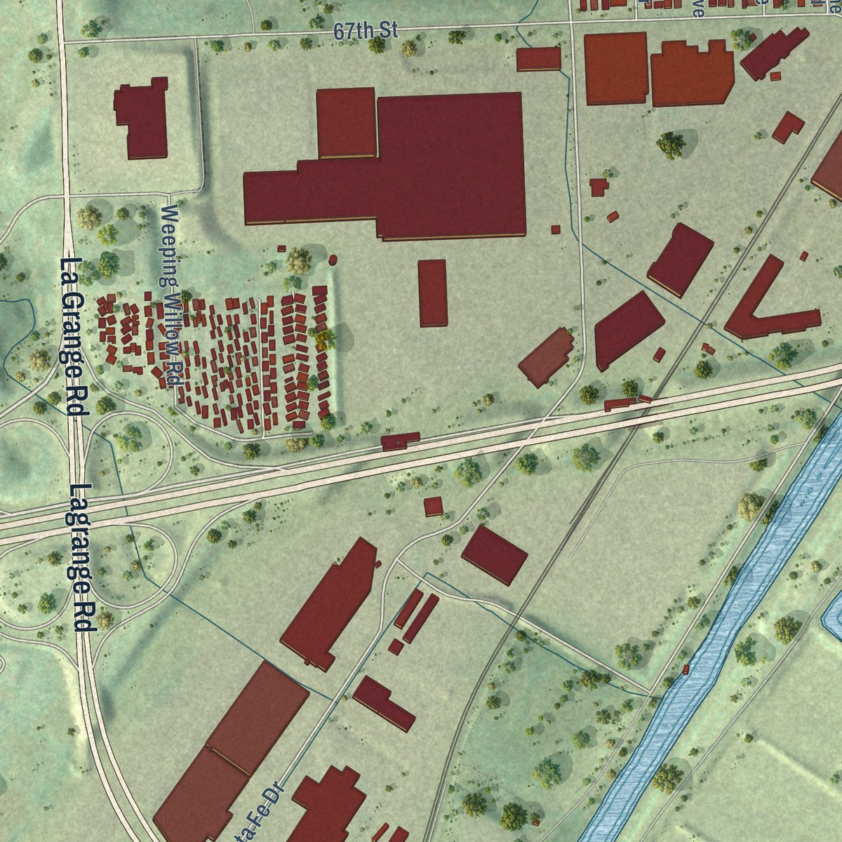 Second close-up of the map of Hodgkins, Illinois print showing more streets and buildings