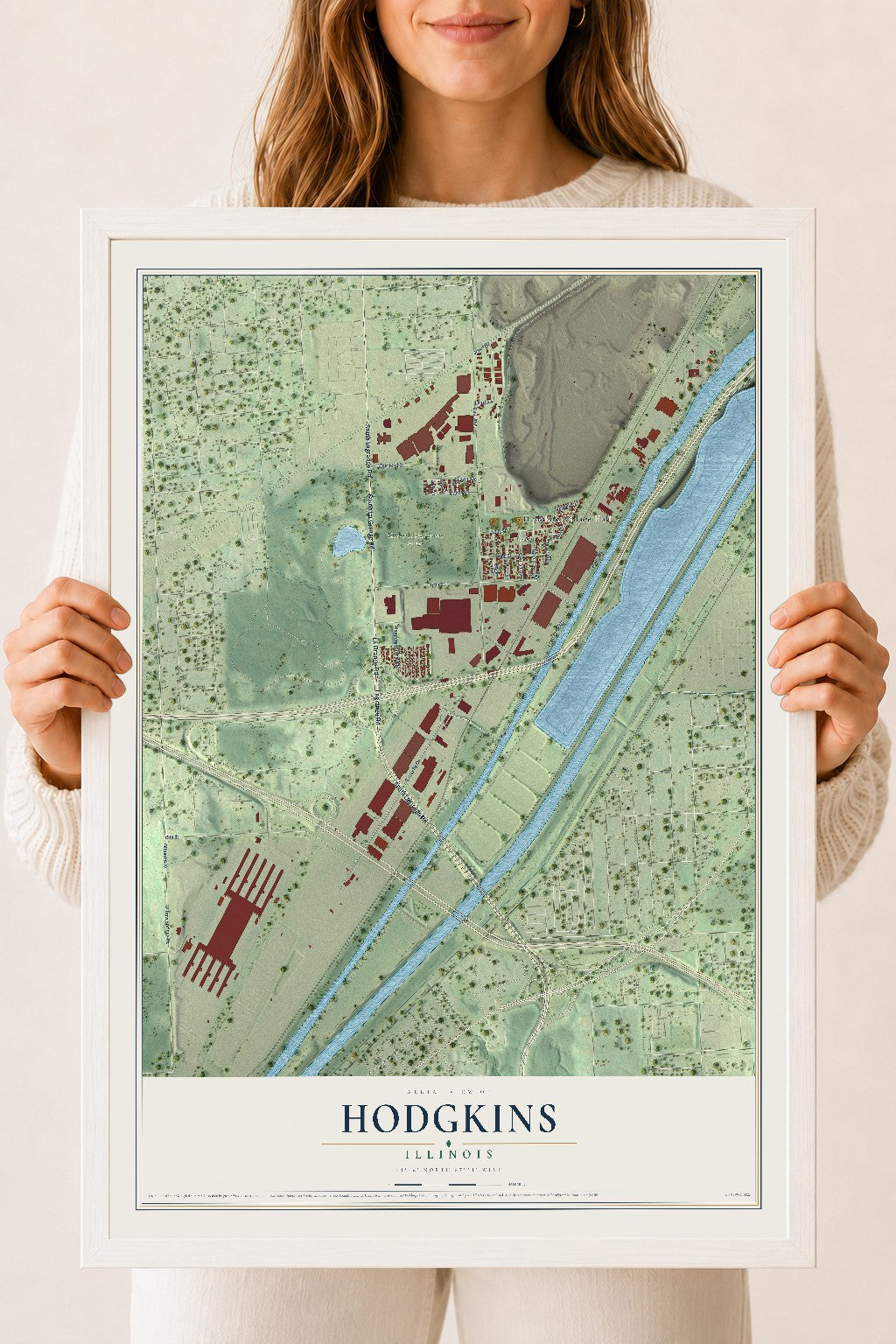 Map of Hodgkins, Illinois, 18 x 24 inch print in a white wood frame
