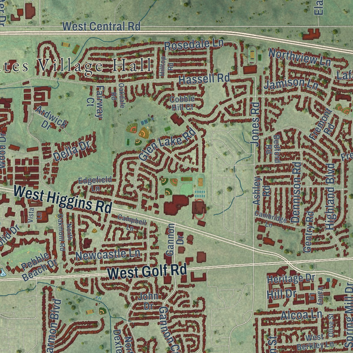 Close-up of the map of Hoffman Estates, Illinois print showing street and building detail