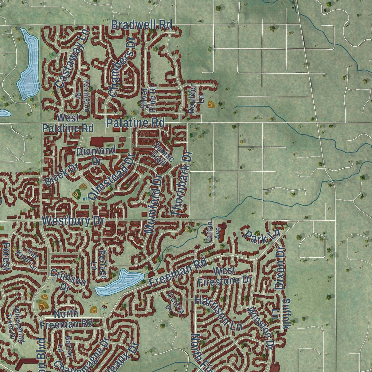 Second close-up of the map of Hoffman Estates, Illinois print showing more streets and buildings