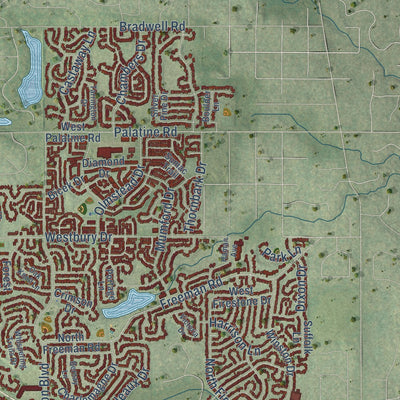 Second close-up of the map of Hoffman Estates, Illinois print showing more streets and buildings