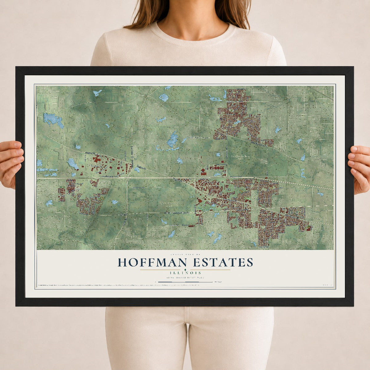 Map of Hoffman Estates, Illinois, 18 x 24 inch print in a black wood frame