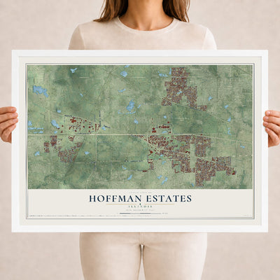 Map of Hoffman Estates, Illinois, 18 x 24 inch print in a white wood frame