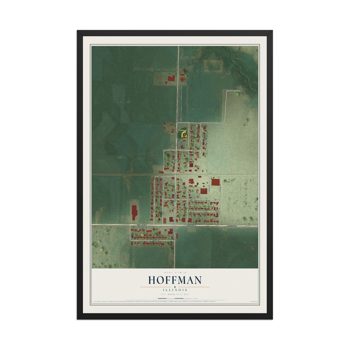 Map of Hoffman, Illinois, 12 x 18 inch print in a black wood frame
