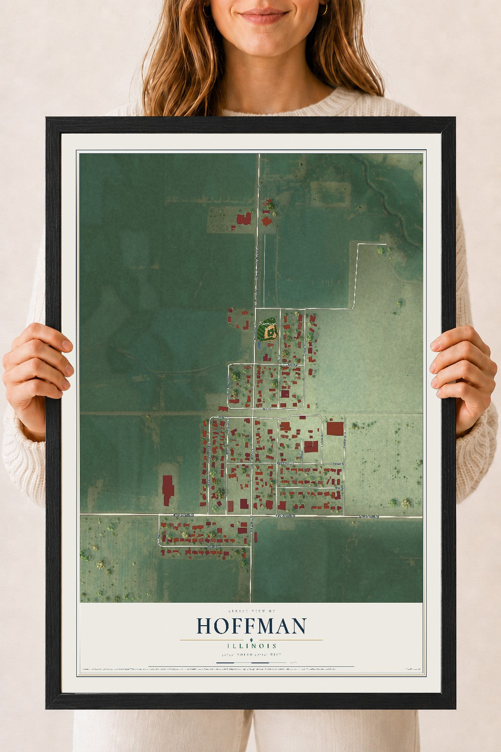 Map of Hoffman, Illinois, 18 x 24 inch print in a black wood frame