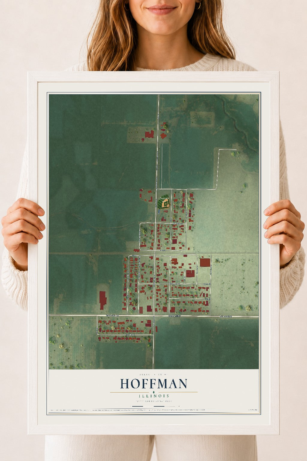 Map of Hoffman, Illinois, 18 x 24 inch print in a white wood frame
