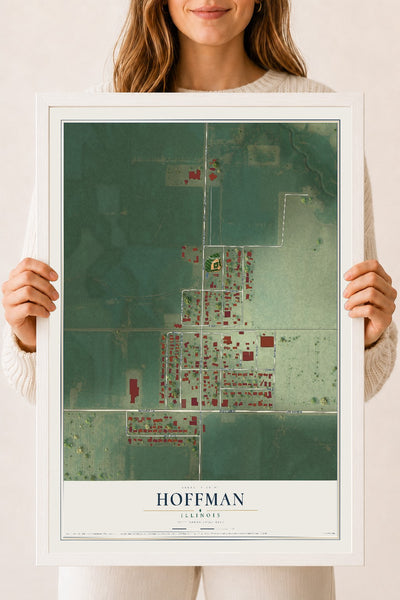 Map of Hoffman, Illinois, 18 x 24 inch print in a white wood frame