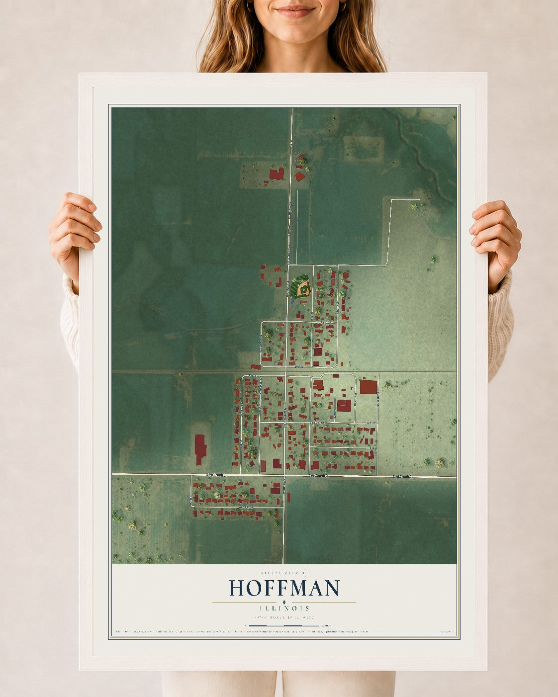 Map of Hoffman, Illinois, 24 x 36 inch print in a white wood frame