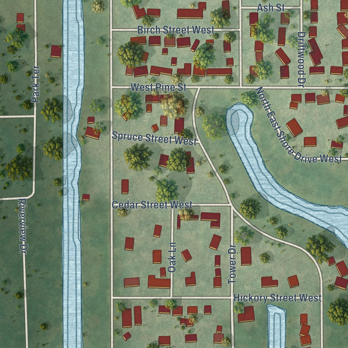 Close-up of the map of Holiday Hills, Illinois print showing street and building detail