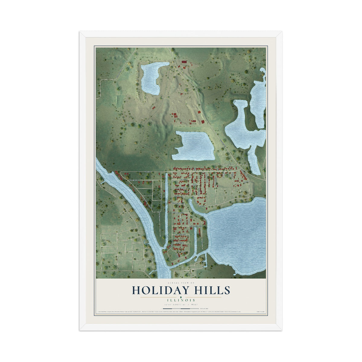 Map of Holiday Hills, Illinois, 12 x 18 inch print in a white wood frame