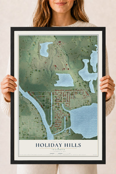Map of Holiday Hills, Illinois, 18 x 24 inch print in a black wood frame