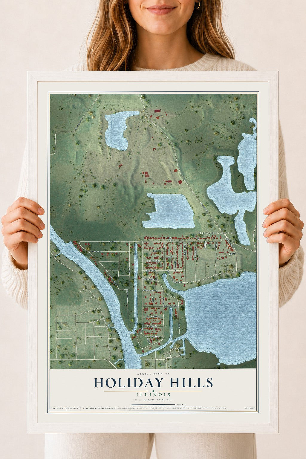 Map of Holiday Hills, Illinois, 18 x 24 inch print in a white wood frame