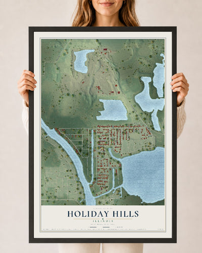 Map of Holiday Hills, Illinois, 24 x 36 inch print in a black wood frame