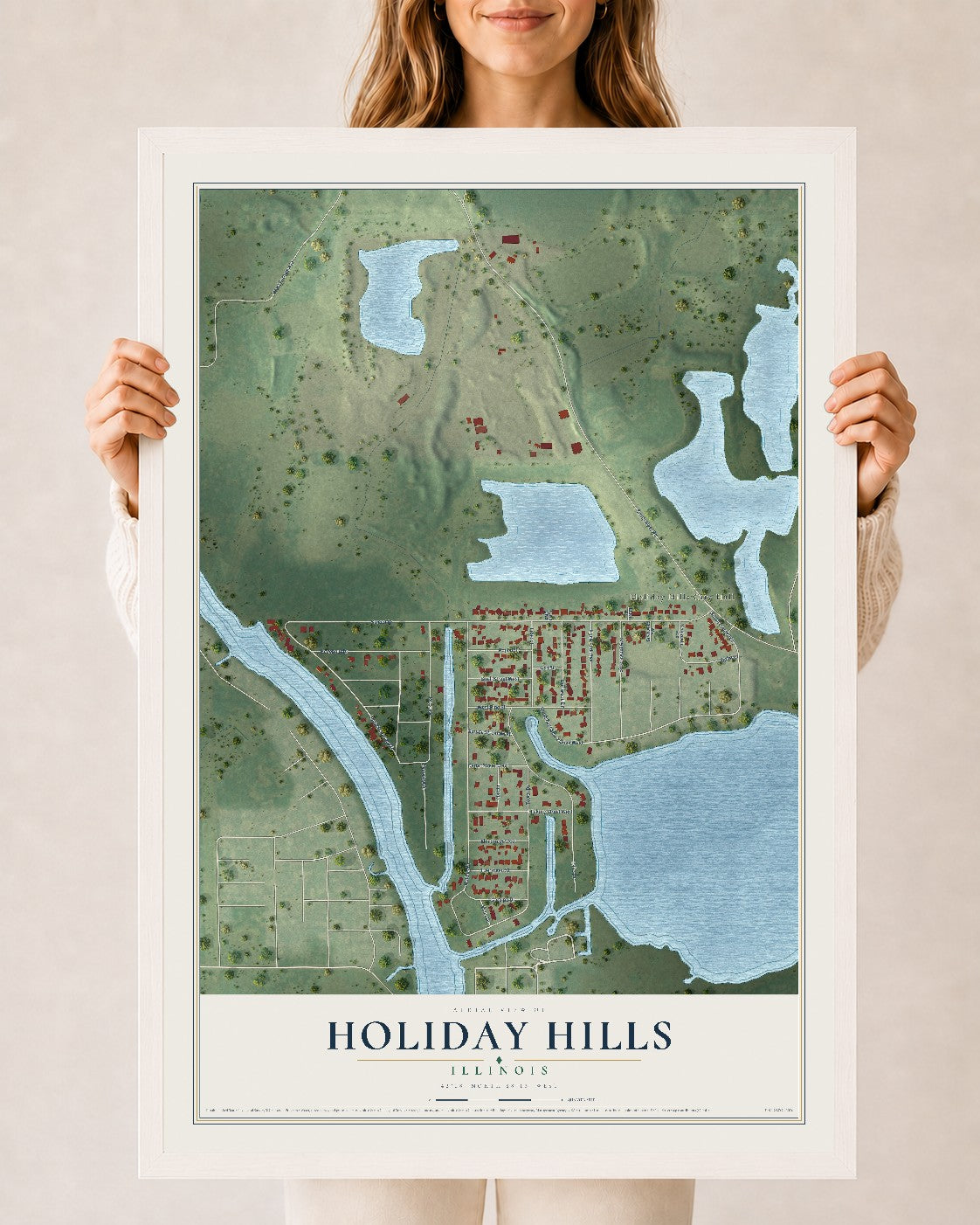 Map of Holiday Hills, Illinois, 24 x 36 inch print in a white wood frame