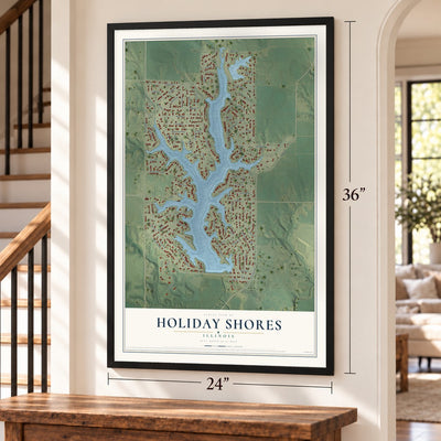 Holiday Shores, Illinois map, 24 x 36 inch print in a black frame by a staircase