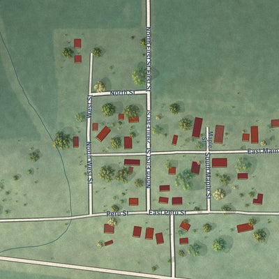 Close-up of the map of Hollowayville, Illinois print showing street and building detail