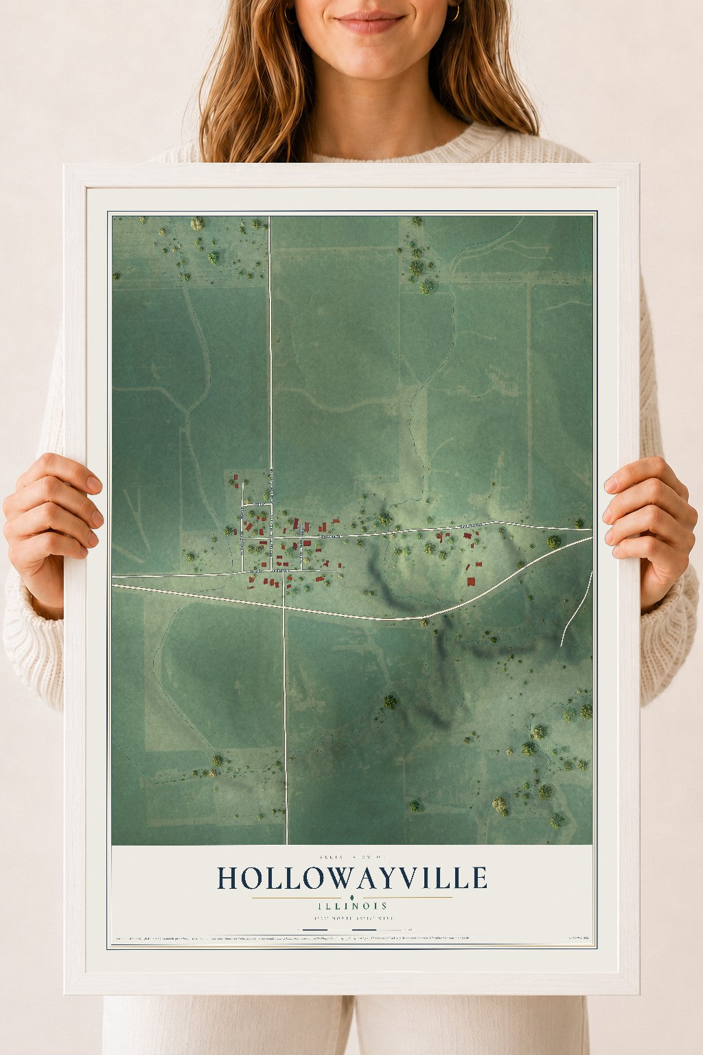 Map of Hollowayville, Illinois, 18 x 24 inch print in a white wood frame
