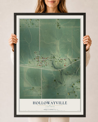 Map of Hollowayville, Illinois, 24 x 36 inch print in a black wood frame
