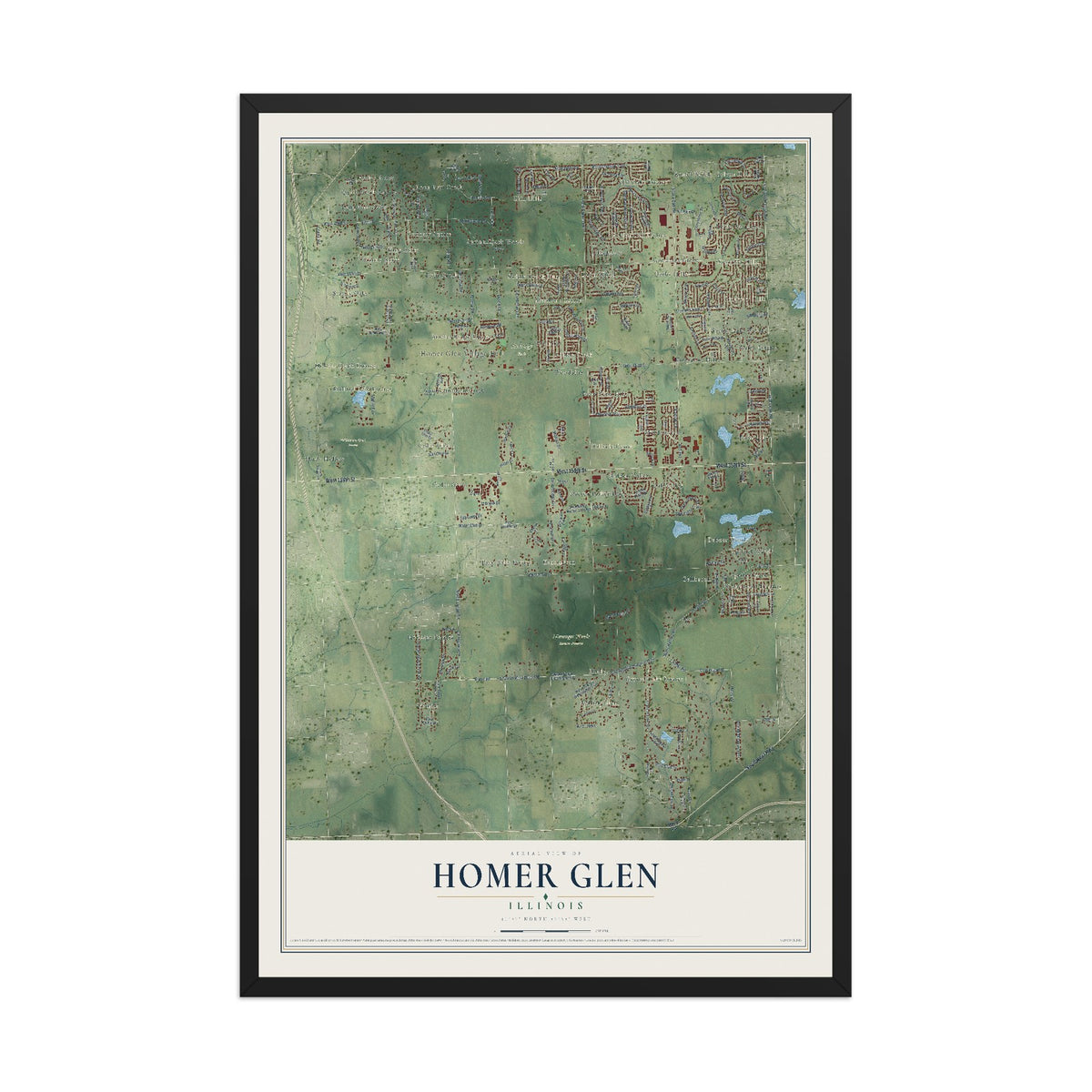 Map of Homer Glen, Illinois, 12 x 18 inch print in a black wood frame