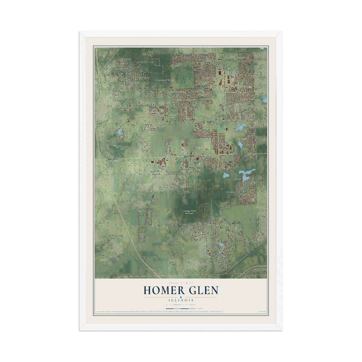 Map of Homer Glen, Illinois, 12 x 18 inch print in a white wood frame