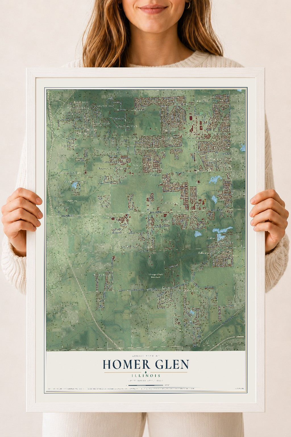 Map of Homer Glen, Illinois, 18 x 24 inch print in a white wood frame