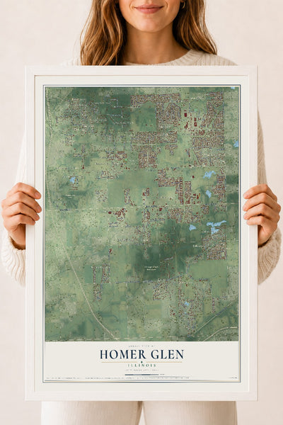 Map of Homer Glen, Illinois, 18 x 24 inch print in a white wood frame