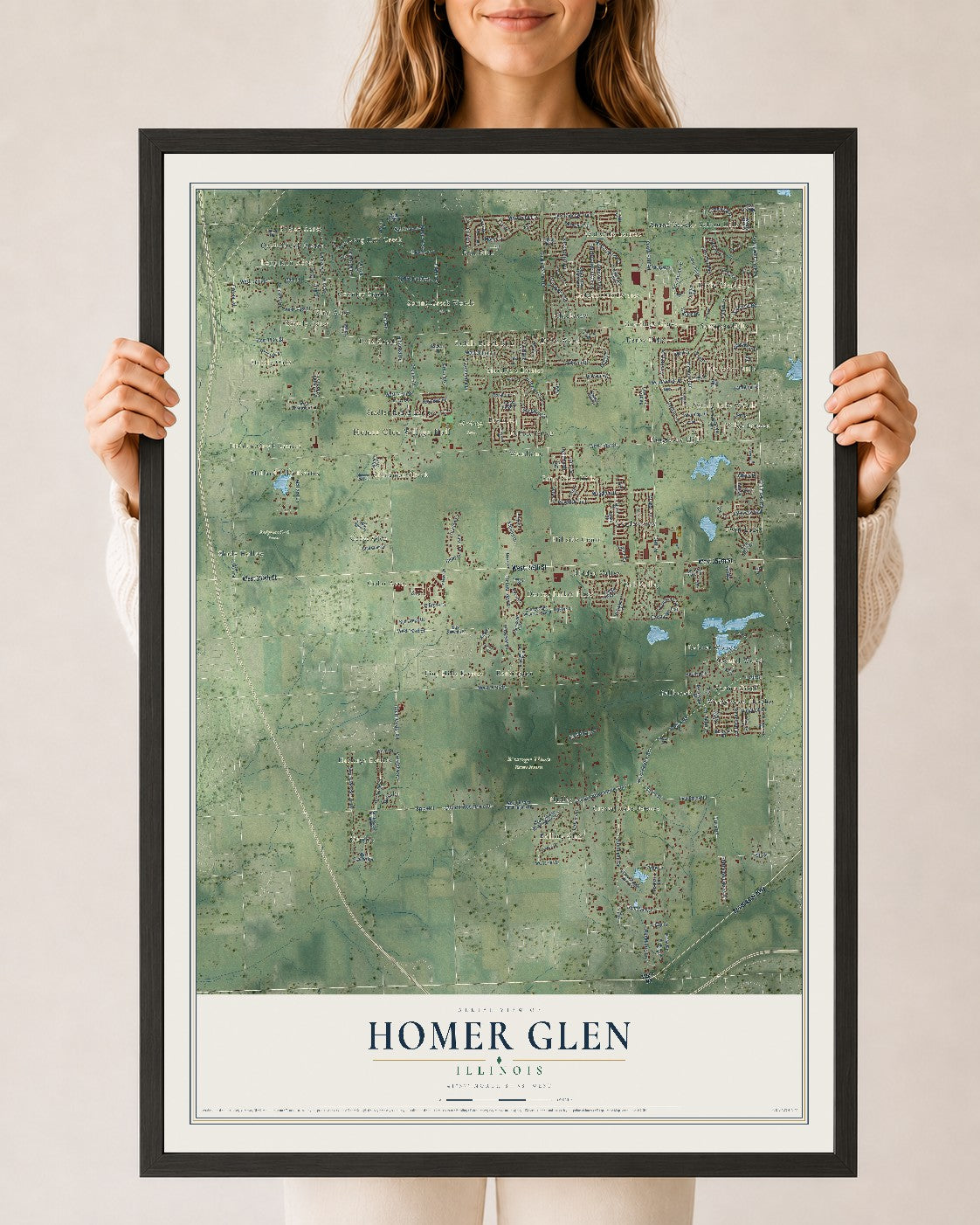 Map of Homer Glen, Illinois, 24 x 36 inch print in a black wood frame