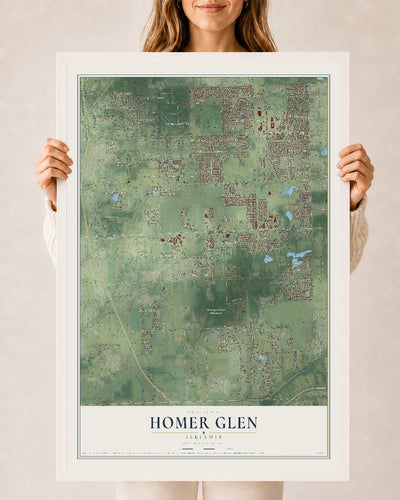 Map of Homer Glen, Illinois, 24 x 36 inch print in a white wood frame