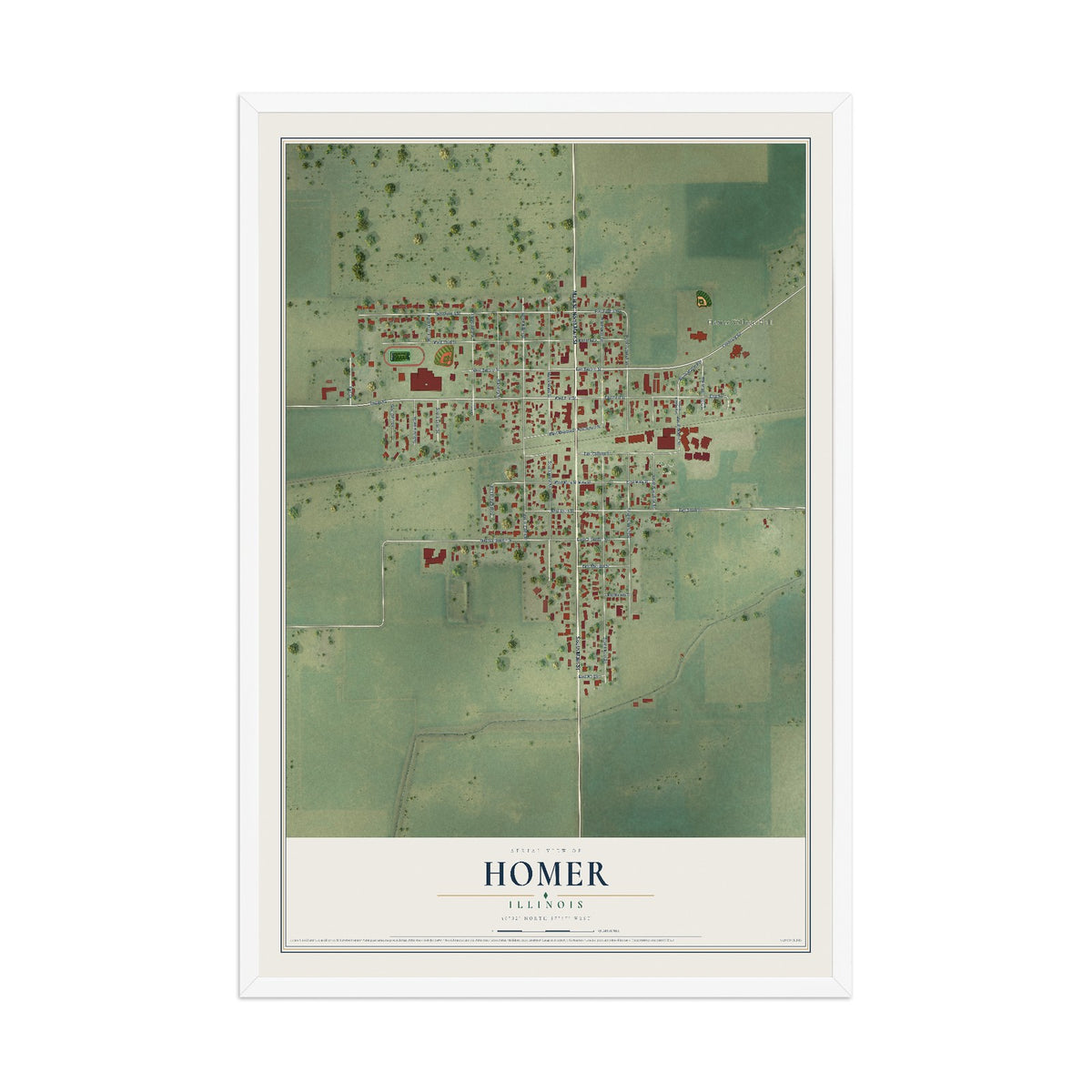 Map of Homer, Illinois, 12 x 18 inch print in a white wood frame