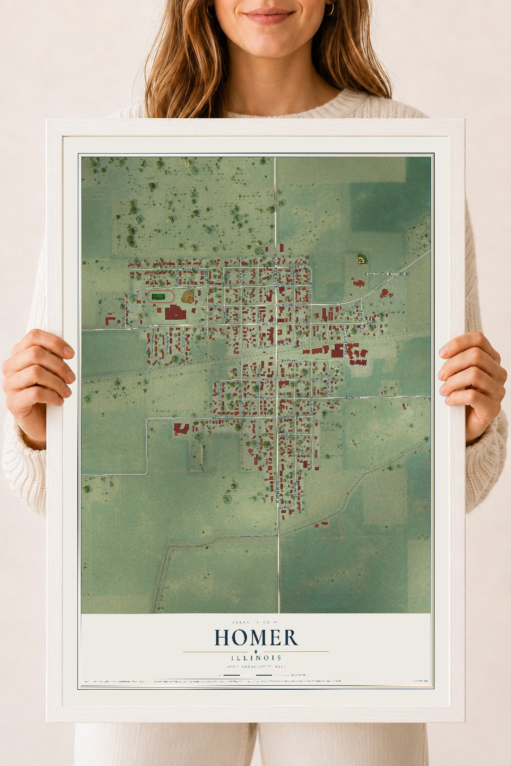 Map of Homer, Illinois, 18 x 24 inch print in a white wood frame