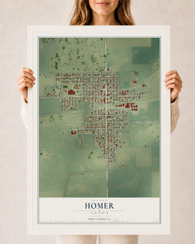 Map of Homer, Illinois, 24 x 36 inch print in a white wood frame