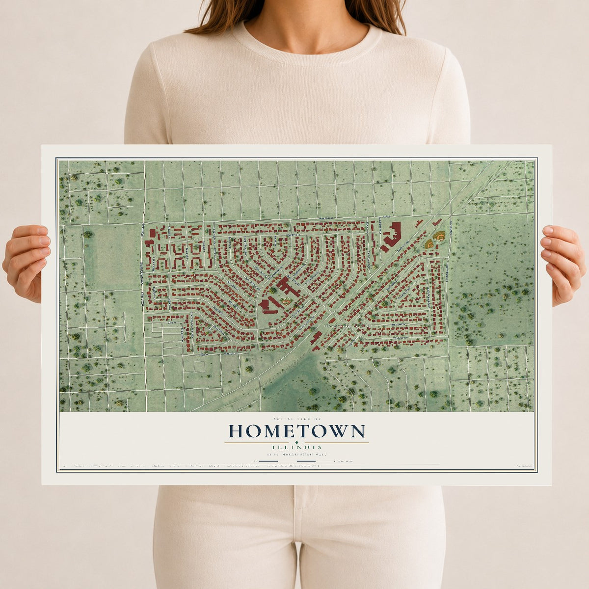 Map of Hometown, Illinois, 12 x 18 inch unframed archival matte print