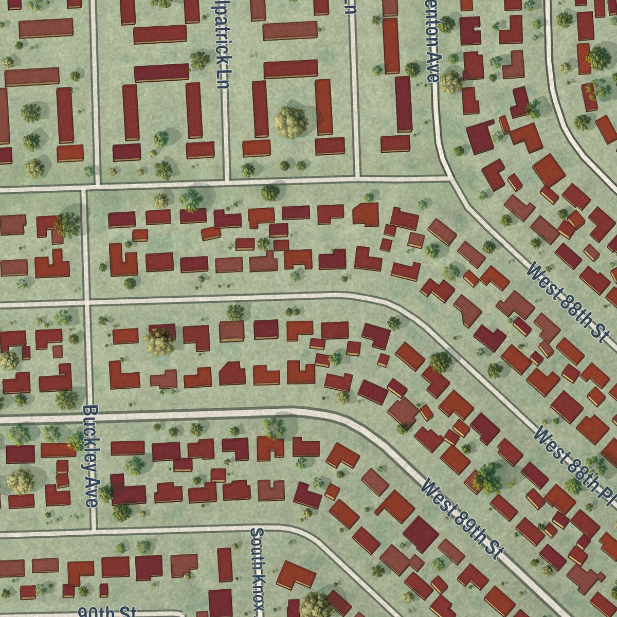 Close-up of the map of Hometown, Illinois print showing street and building detail