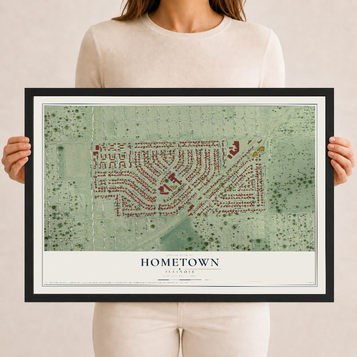 Map of Hometown, Illinois, 12 x 18 inch print in a black wood frame