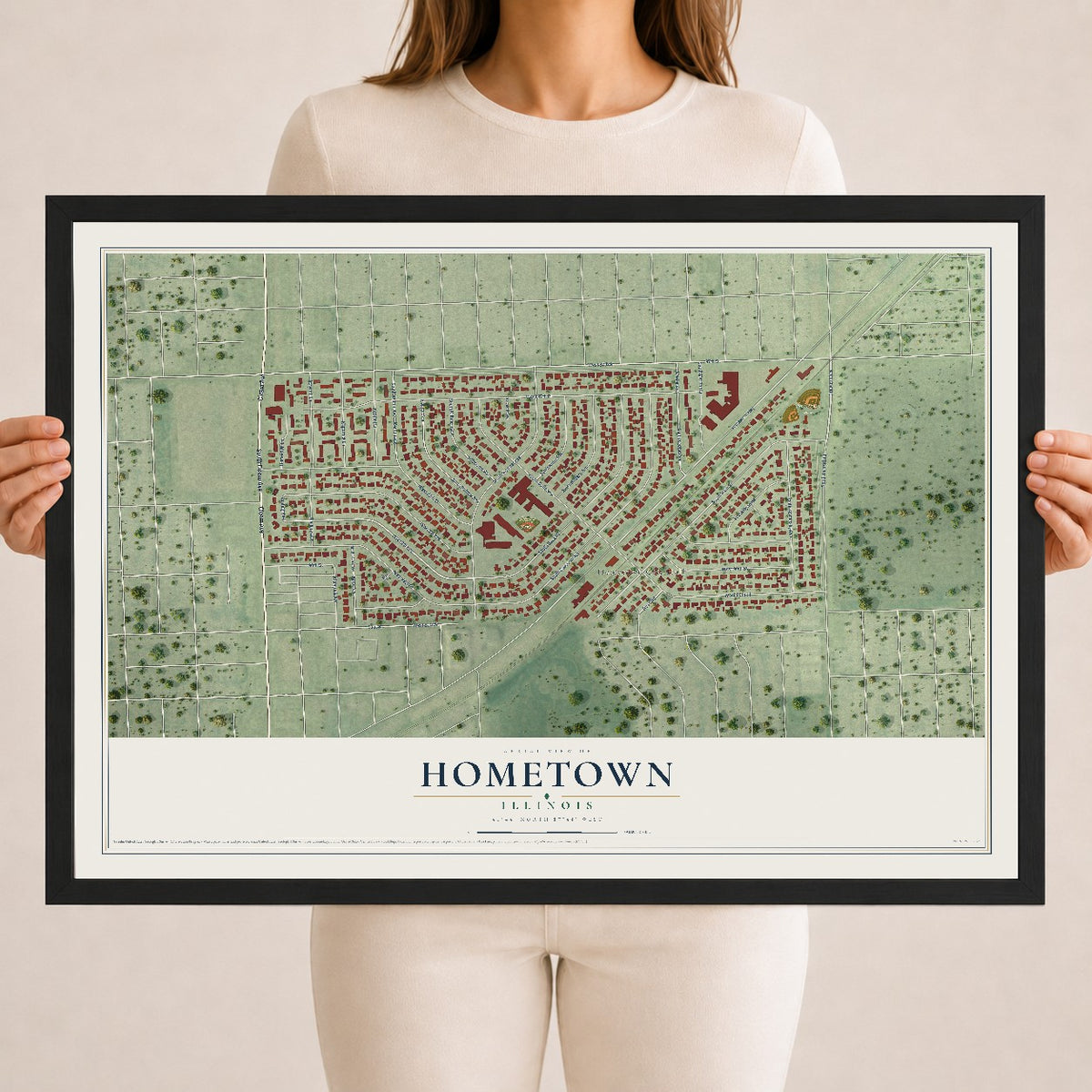 Map of Hometown, Illinois, 18 x 24 inch print in a black wood frame