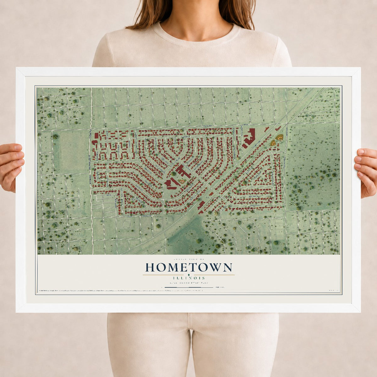 Map of Hometown, Illinois, 18 x 24 inch print in a white wood frame