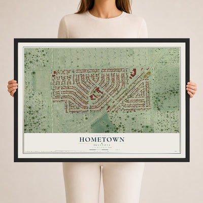 Map of Hometown, Illinois, 24 x 36 inch print in a black wood frame