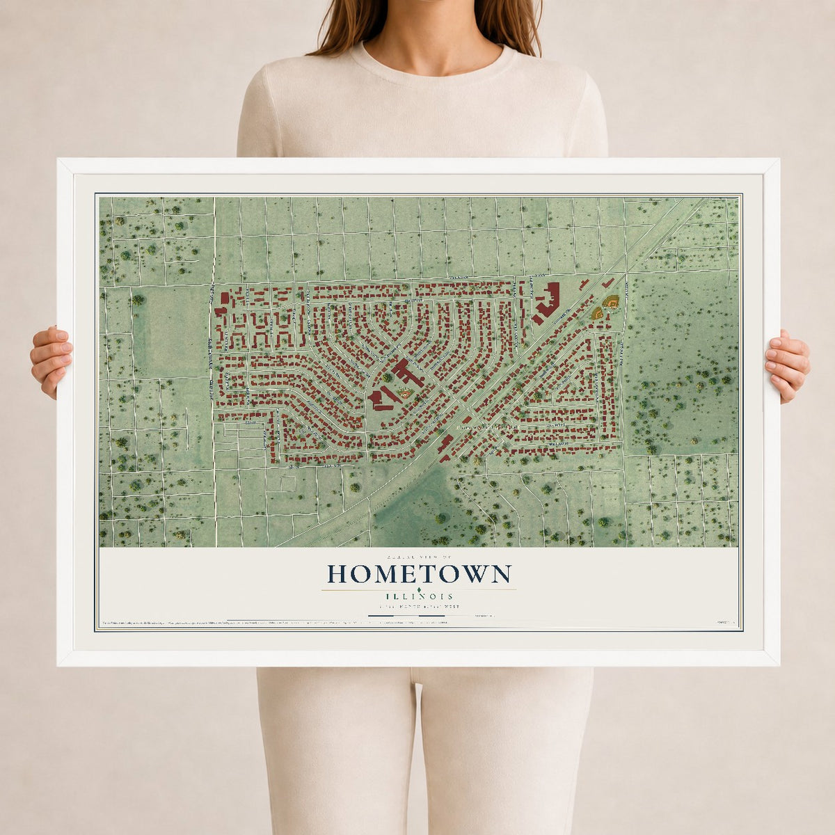 Map of Hometown, Illinois, 24 x 36 inch print in a white wood frame