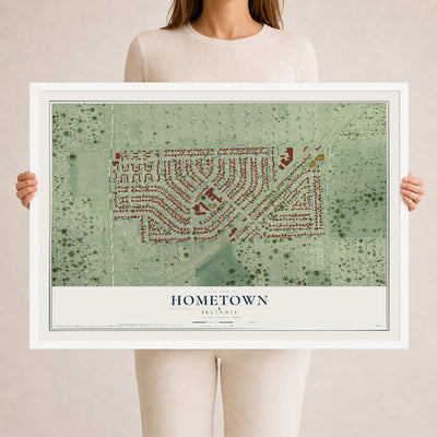 Map of Hometown, Illinois, 24 x 36 inch print in a white wood frame